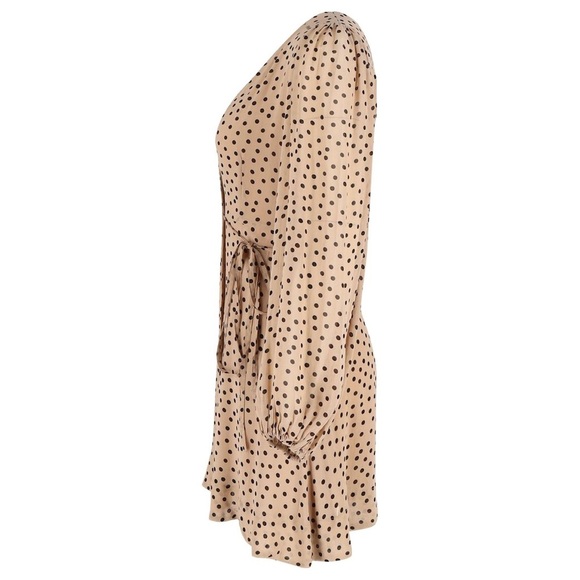 Ganni Brown Nude Polka Dot Wrap Mini Dress size 42 L 10 12 Work Date Night Party - Picture 7 of 13